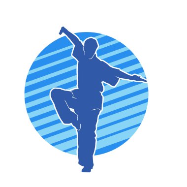 Doğu dövüş sanatı pozu veren bir adamın silueti. Dövüş sanatlarında bir erkeğin silueti..