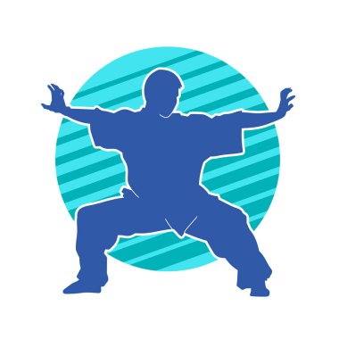 Doğu dövüş sanatı pozu veren bir adamın silueti. Dövüş sanatlarında bir erkeğin silueti..