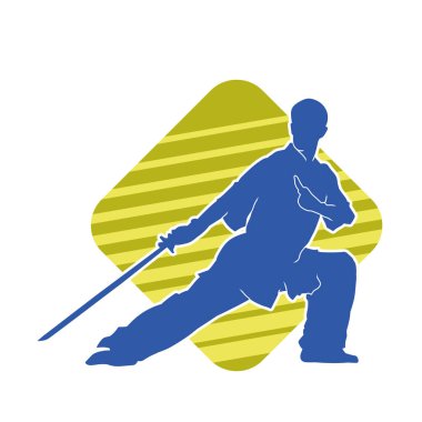 Kung fu 'nun silueti ya da Wushu dövüş sanatları sporcusu pozu. Kılıçlı bir erkek dövüş sanatının silueti..