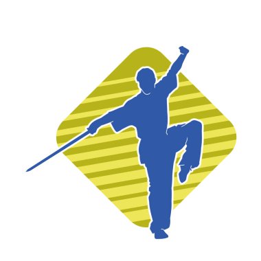 Kung fu 'nun silueti ya da Wushu dövüş sanatları sporcusu pozu. Kılıçlı bir erkek dövüş sanatının silueti..