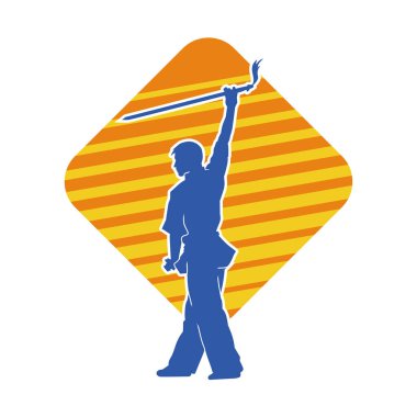 Kung fu 'nun silueti ya da Wushu dövüş sanatları sporcusu pozu. Kılıçlı bir erkek dövüş sanatının silueti..