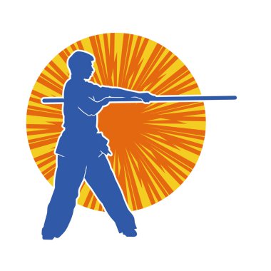 Dövüş sanatlarında dövüşen bir erkeğin silüeti, tahta sopayı silah olarak kullanıyor. Tahta sırıkla dövüş sanatları yapan bir adamın silueti..