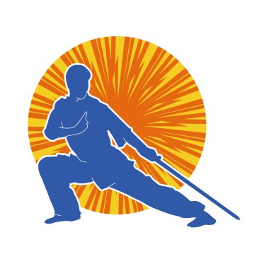 Kung fu 'nun silueti ya da Wushu dövüş sanatları sporcusu pozu. Kılıçlı bir erkek dövüş sanatının silueti..