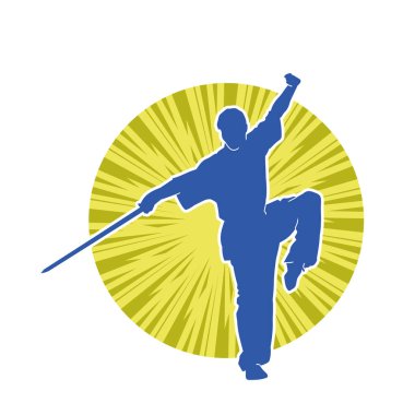 Kung fu 'nun silueti ya da Wushu dövüş sanatları sporcusu pozu. Kılıçlı bir erkek dövüş sanatının silueti..