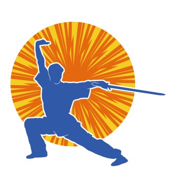 Kung fu 'nun silueti ya da Wushu dövüş sanatları sporcusu pozu. Kılıçlı bir erkek dövüş sanatının silueti..