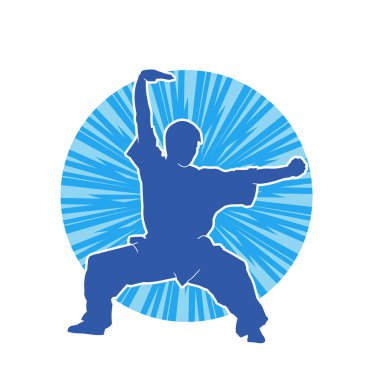 Doğu dövüş sanatı pozu veren bir adamın silueti. Dövüş sanatlarında bir erkeğin silueti..