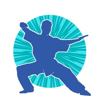 Doğu dövüş sanatı pozu veren bir adamın silueti. Dövüş sanatlarında bir erkeğin silueti..