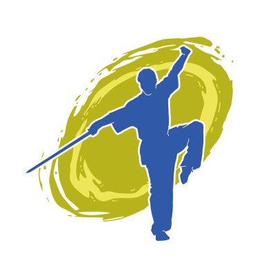 Kung fu 'nun silueti ya da Wushu dövüş sanatları sporcusu pozu. Kılıçlı bir erkek dövüş sanatının silueti..