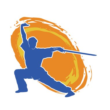 Kung fu 'nun silueti ya da Wushu dövüş sanatları sporcusu pozu. Kılıçlı bir erkek dövüş sanatının silueti..