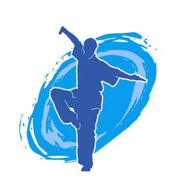 Doğu dövüş sanatı pozu veren bir adamın silueti. Dövüş sanatlarında bir erkeğin silueti..