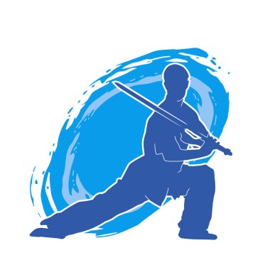 Kung fu 'nun silueti ya da Wushu dövüş sanatları sporcusu pozu. Kılıçlı bir erkek dövüş sanatının silueti..