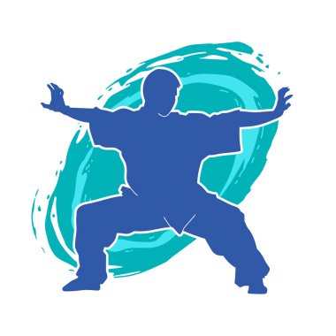 Doğu dövüş sanatı pozu veren bir adamın silueti. Dövüş sanatlarında bir erkeğin silueti..