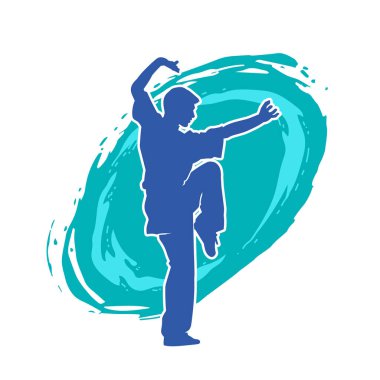 Doğu dövüş sanatı pozu veren bir adamın silueti. Dövüş sanatlarında bir erkeğin silueti..