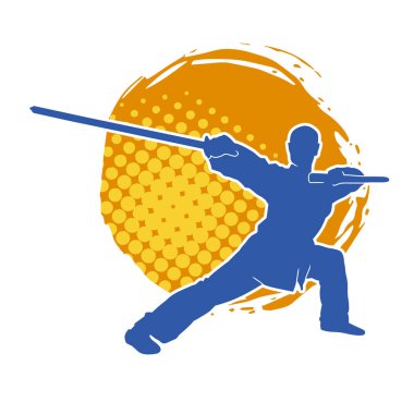 Dövüş sanatlarında kılıç kullanan bir erkeğin silueti. Dövüş sanatları kılıç hareketleri yapan bir adamın silueti..