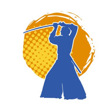 Harekete geçmiş bir kılıç savaşçısı silueti. Kılıç taşıyan bir dövüş sanatçısı silueti. Kendo dövüş sanatının silueti..