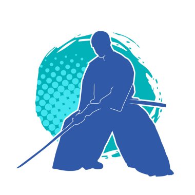 Harekete geçmiş bir kılıç savaşçısı silueti. Kılıç taşıyan bir dövüş sanatçısı silueti. Kendo dövüş sanatının silueti..