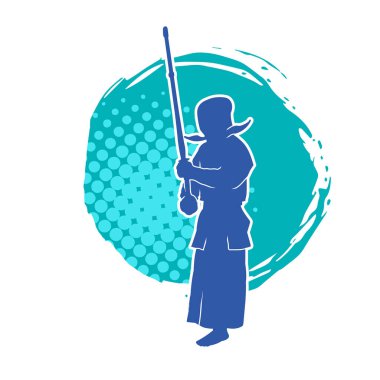 Kendo dövüş sanatları ustasının silueti maske ve tahta kılıçla poz verir ya da bokken kılıcı