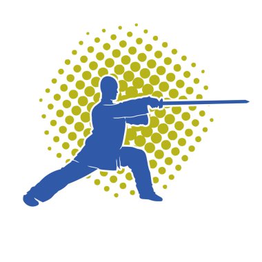 Dövüş sanatlarında kılıç kullanan bir erkeğin silueti. Dövüş sanatları kılıç hareketleri yapan bir adamın silueti..