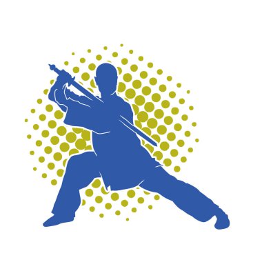 Dövüş sanatlarında kılıç kullanan bir erkeğin silueti. Dövüş sanatları kılıç hareketleri yapan bir adamın silueti..