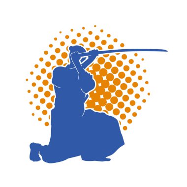 Harekete geçmiş bir kılıç savaşçısı silueti. Kılıç taşıyan bir dövüş sanatçısı silueti. Kendo dövüş sanatının silueti..