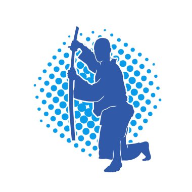 Harekete geçmiş bir kılıç savaşçısı silueti. Kılıç taşıyan bir dövüş sanatçısı silueti. Kendo dövüş sanatının silueti..