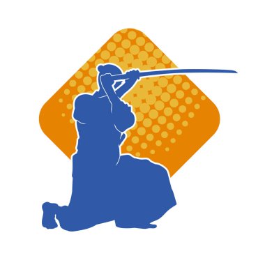 Harekete geçmiş bir kılıç savaşçısı silueti. Kılıç taşıyan bir dövüş sanatçısı silueti. Kendo dövüş sanatının silueti..