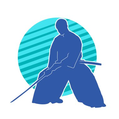 Harekete geçmiş bir kılıç savaşçısı silueti. Kılıç taşıyan bir dövüş sanatçısı silueti. Kendo dövüş sanatının silueti..