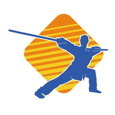 Dövüş sanatlarında kılıç kullanan bir erkeğin silueti. Dövüş sanatları kılıç hareketleri yapan bir adamın silueti..