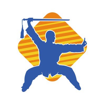 Dövüş sanatlarında kılıç kullanan bir erkeğin silueti. Dövüş sanatları kılıç hareketleri yapan bir adamın silueti..