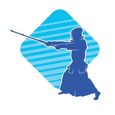 Kendo dövüş sanatları ustasının silueti maske ve tahta kılıçla poz verir ya da bokken kılıcı