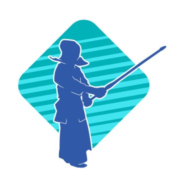 Kendo dövüş sanatları ustasının silueti maske ve tahta kılıçla poz verir ya da bokken kılıcı