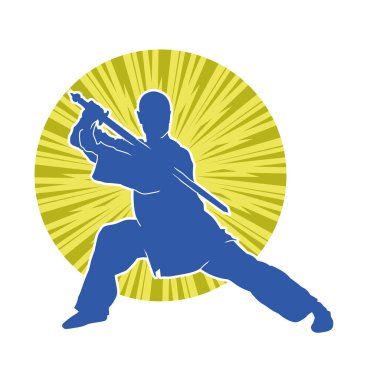 Dövüş sanatlarında kılıç kullanan bir erkeğin silueti. Dövüş sanatları kılıç hareketleri yapan bir adamın silueti..