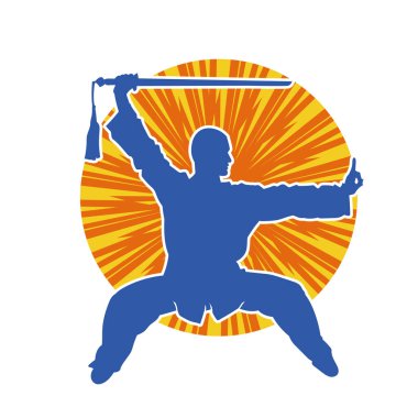 Dövüş sanatlarında kılıç kullanan bir erkeğin silueti. Dövüş sanatları kılıç hareketleri yapan bir adamın silueti..