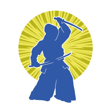 Harekete geçmiş bir kılıç savaşçısı silueti. Kılıç taşıyan bir dövüş sanatçısı silueti. Kendo dövüş sanatının silueti..