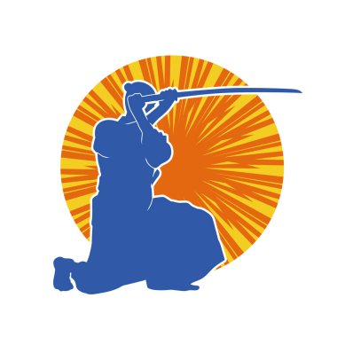 Harekete geçmiş bir kılıç savaşçısı silueti. Kılıç taşıyan bir dövüş sanatçısı silueti. Kendo dövüş sanatının silueti..