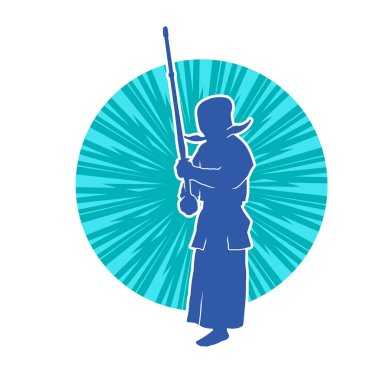 Kendo dövüş sanatları ustasının silueti maske ve tahta kılıçla poz verir ya da bokken kılıcı