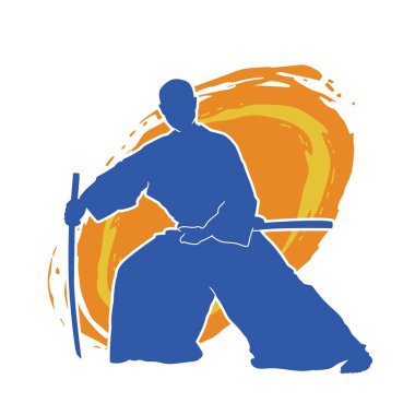 Harekete geçmiş bir kılıç savaşçısı silueti. Kılıç taşıyan bir dövüş sanatçısı silueti. Kendo dövüş sanatının silueti..