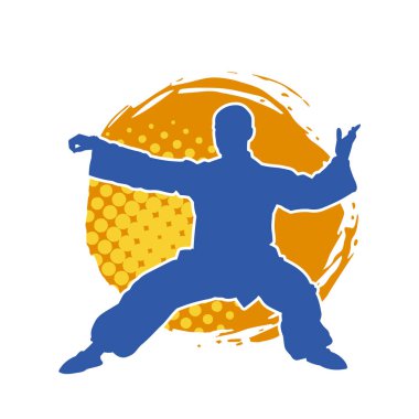 Doğu dövüş sanatı pozu veren bir adamın silueti. Dövüş sanatlarında bir erkeğin silueti..