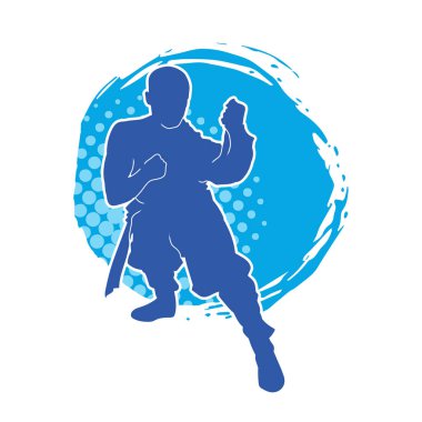 Doğu dövüş sanatı pozu veren bir adamın silueti. Dövüş sanatlarında bir erkeğin silueti..