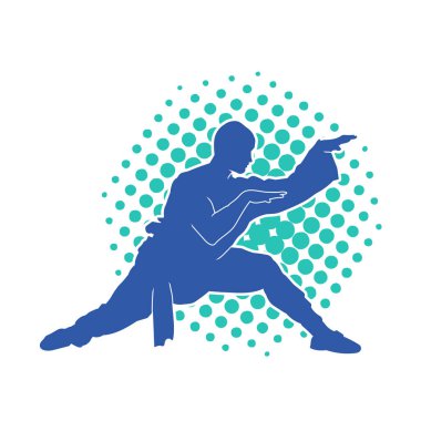 Doğu dövüş sanatı pozu veren bir adamın silueti. Dövüş sanatlarında bir erkeğin silueti..