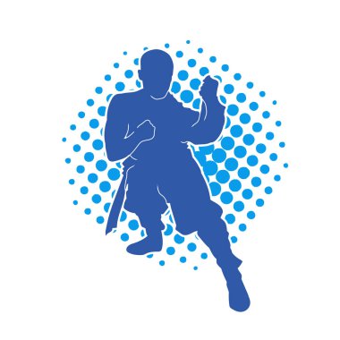 Doğu dövüş sanatı pozu veren bir adamın silueti. Dövüş sanatlarında bir erkeğin silueti..