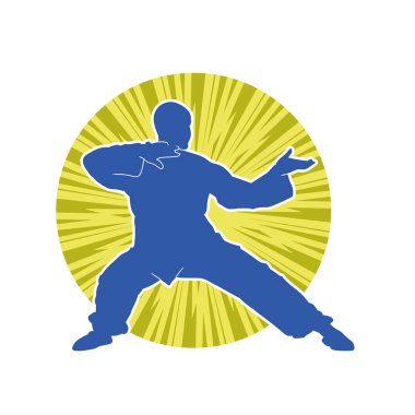 Doğu dövüş sanatı pozu veren bir adamın silueti. Dövüş sanatlarında bir erkeğin silueti..