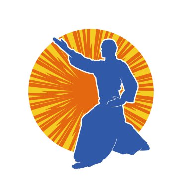 Hareket halindeki bir aikido dövüş sanatları ustasının silueti. Erkek bir dövüş sanatçısı silueti aikido ile dövüşüyor..