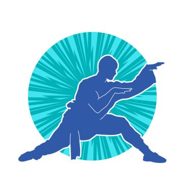 Doğu dövüş sanatı pozu veren bir adamın silueti. Dövüş sanatlarında bir erkeğin silueti..