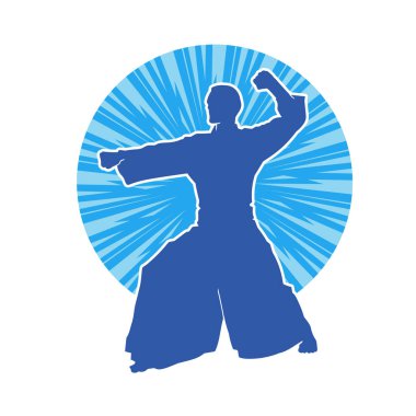 Hareket halindeki bir aikido dövüş sanatları ustasının silueti. Erkek bir dövüş sanatçısı silueti aikido ile dövüşüyor..