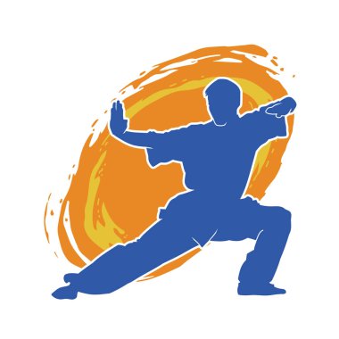 Doğu dövüş sanatı pozu veren bir adamın silueti. Dövüş sanatlarında bir erkeğin silueti..