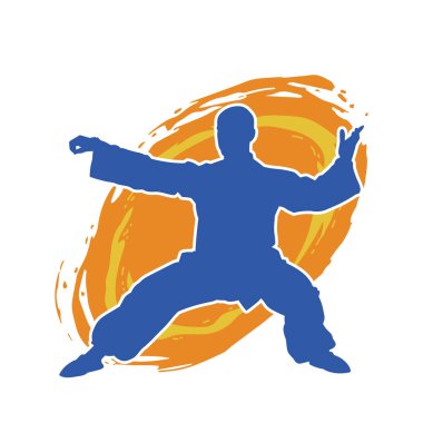 Doğu dövüş sanatı pozu veren bir adamın silueti. Dövüş sanatlarında bir erkeğin silueti..