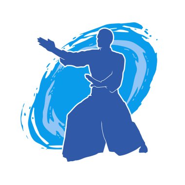 Hareket halindeki bir aikido dövüş sanatları ustasının silueti. Erkek bir dövüş sanatçısı silueti aikido ile dövüşüyor..