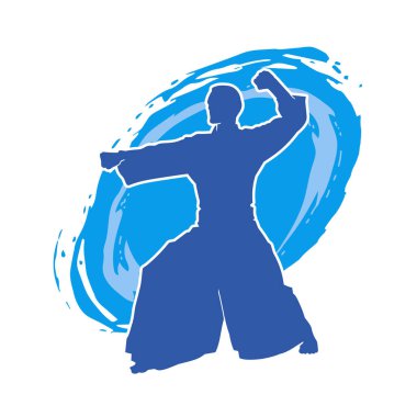 Hareket halindeki bir aikido dövüş sanatları ustasının silueti. Erkek bir dövüş sanatçısı silueti aikido ile dövüşüyor..