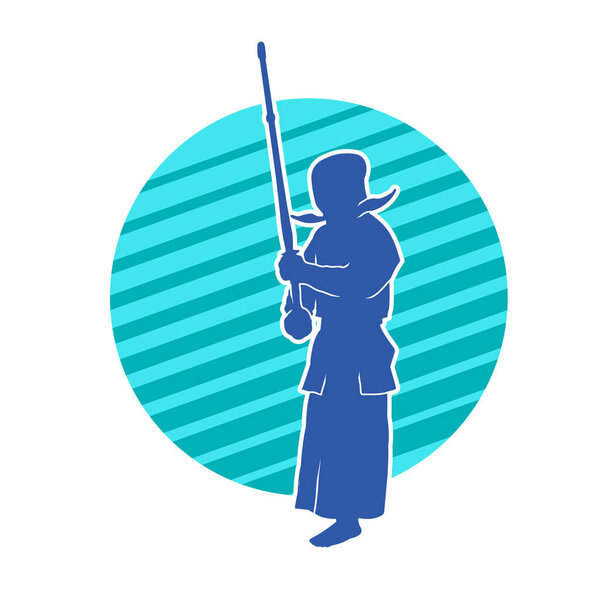 Силуэт кэндо боевого искусства человек в действии позируют с маской и деревянным мечом или боккен меч оружие
